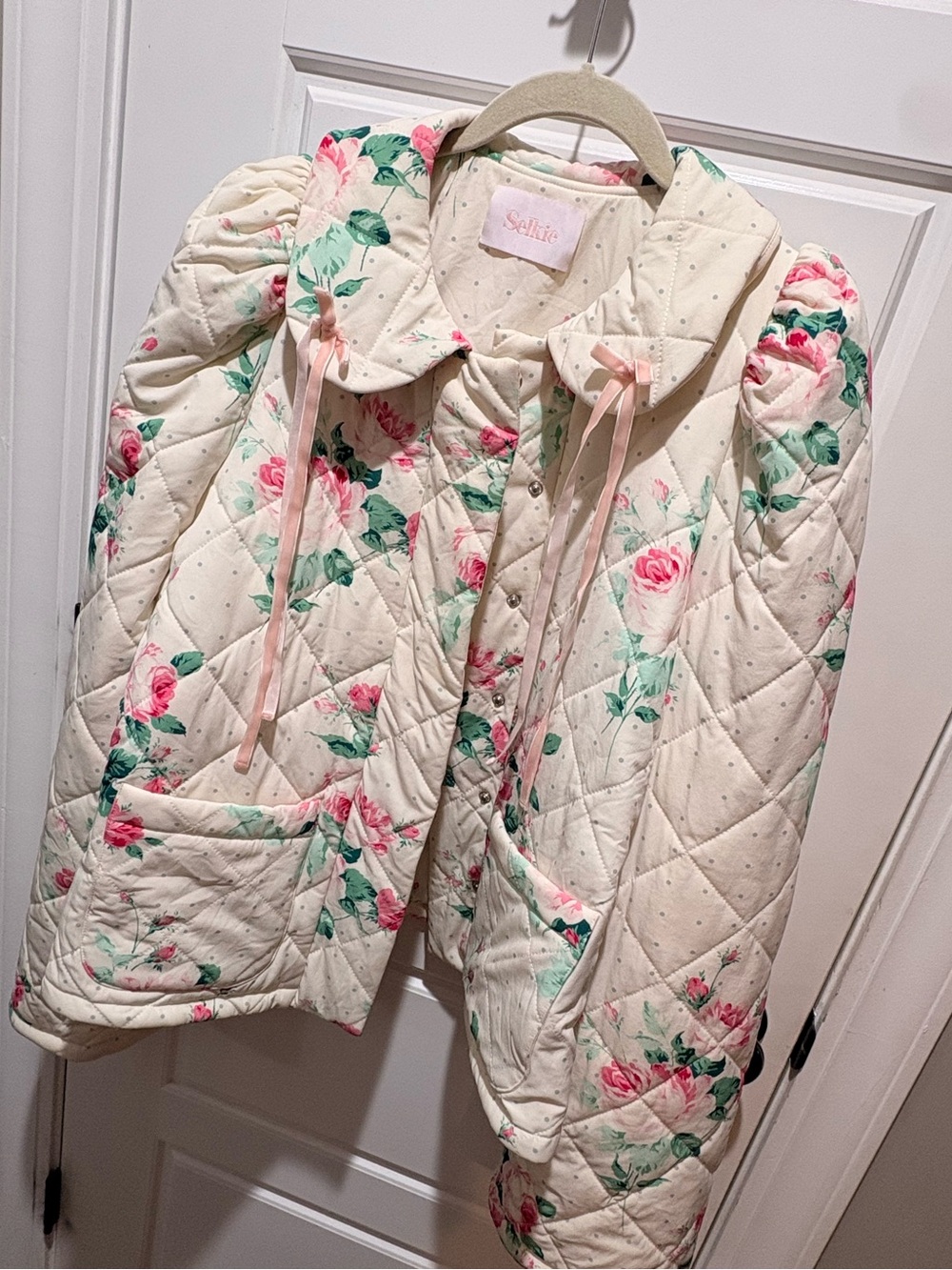 Selkie Cream Quilted Jacket with Pink Rose Print. Size Small